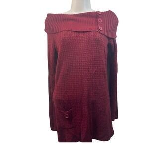 JJ Originals  Burgundy‎ Off Shoulder Sweater Tunic Ribbed Collar with Buttons L
